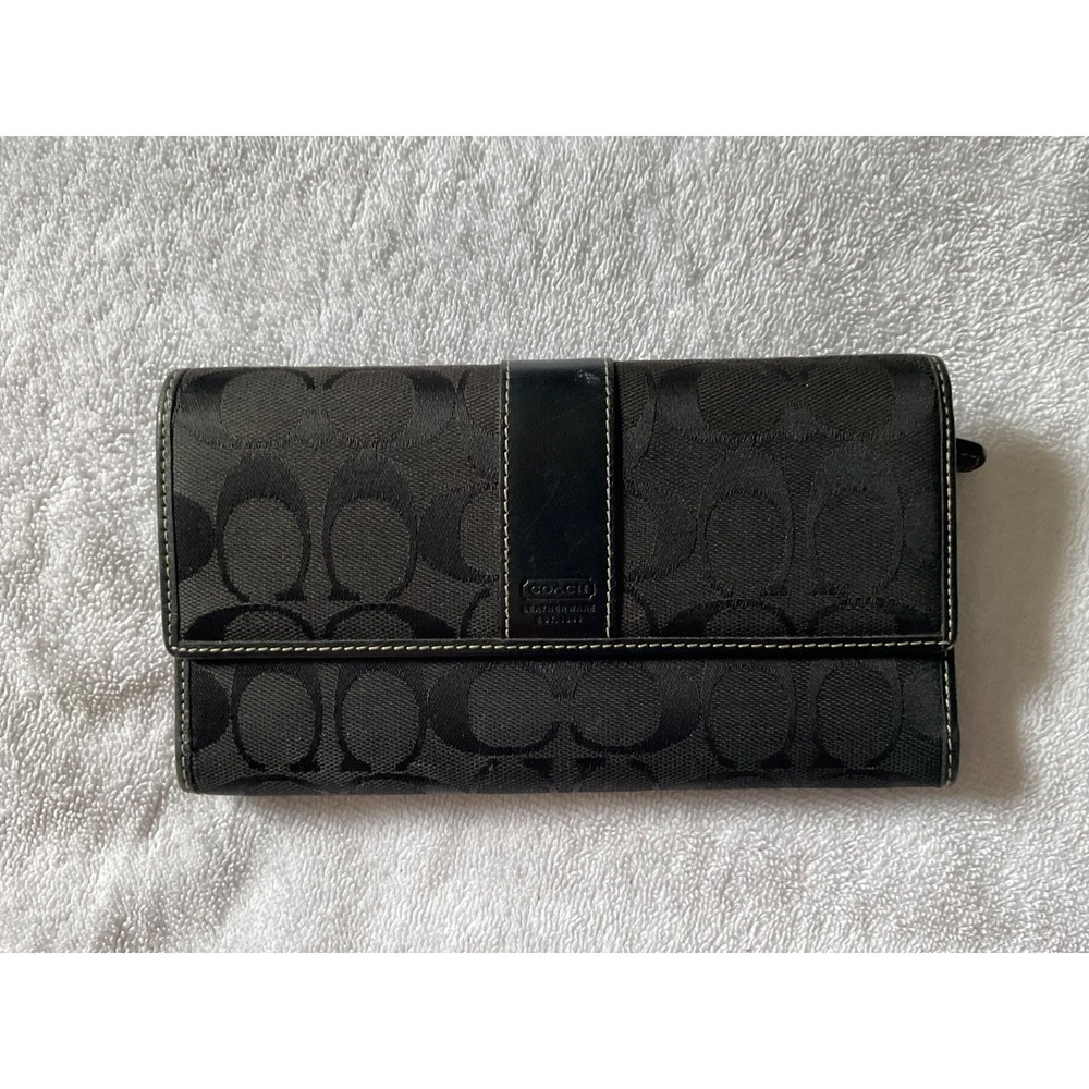 Coach Black Signature Tri-fold Checkbook Wallet Jacquard Leather Trim "C" Logo